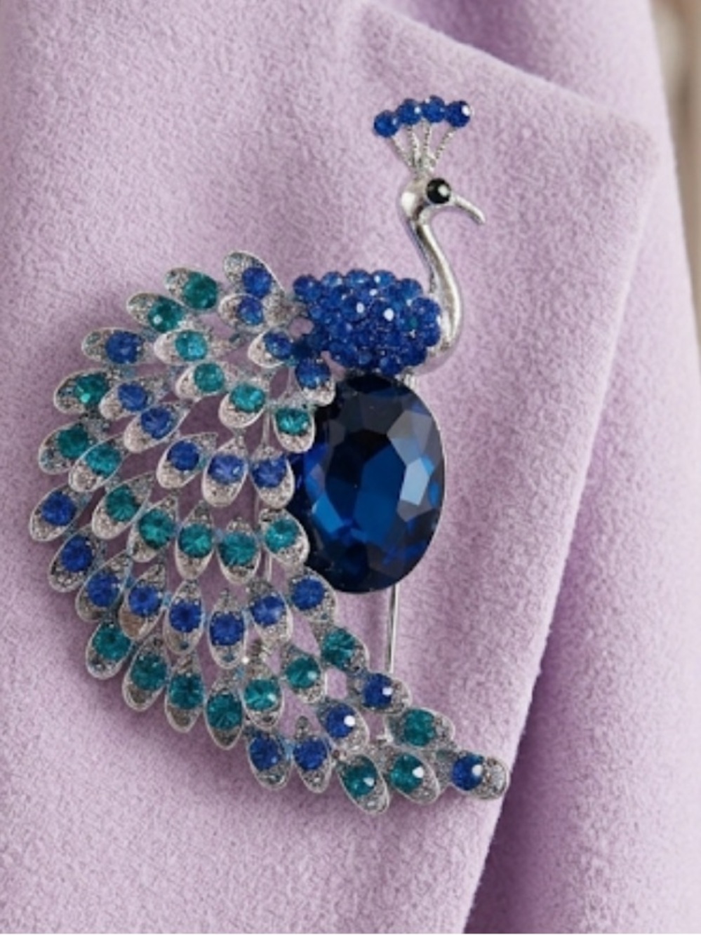 Blue Crystal Peacock Brooch Statement Rhinestone Pin Silver Tone - Picture 5 of 5